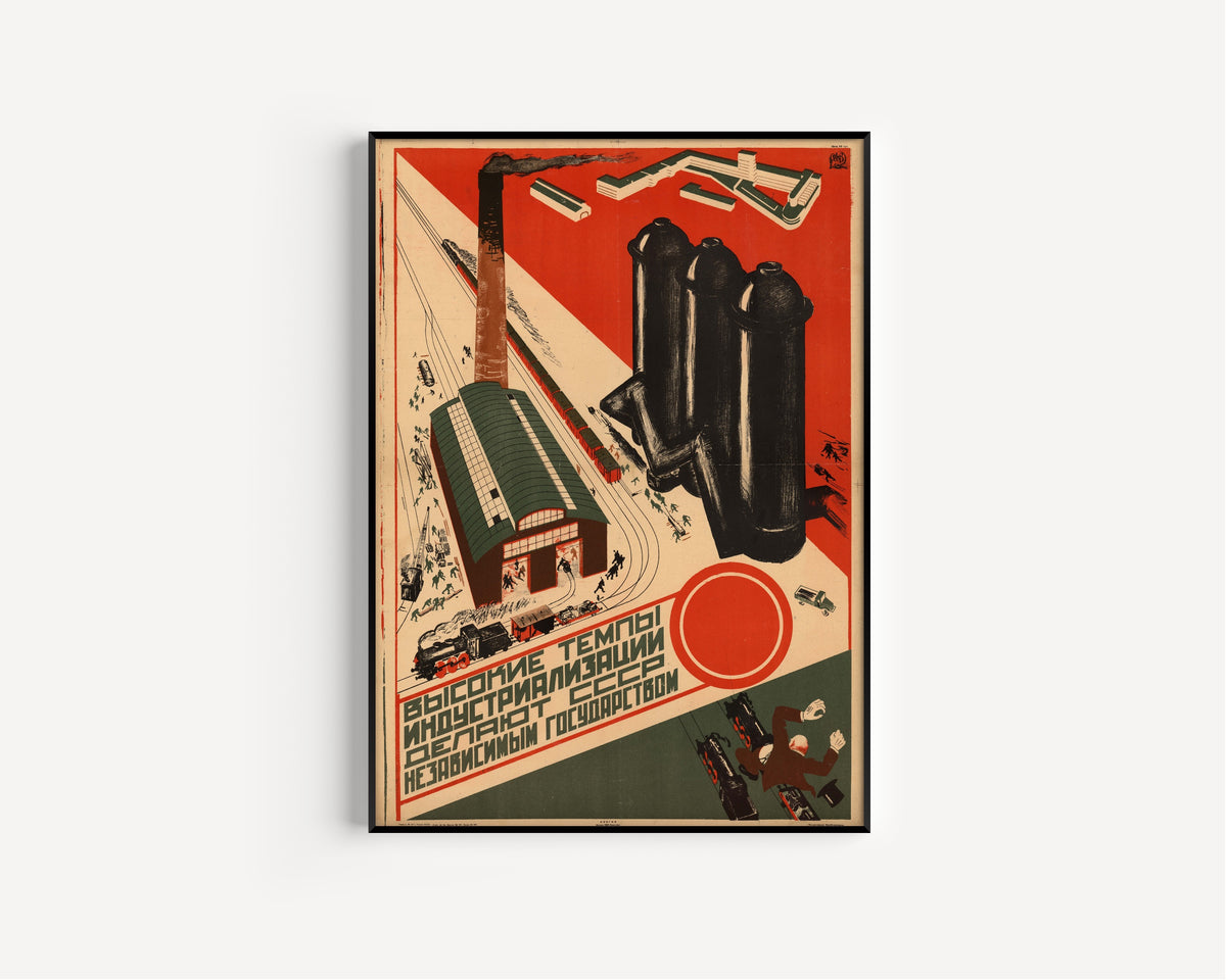 Framed art print of The High Pace of Industrialisation Makes the USSR an Independent State, in a slim black frame on a plain white wall