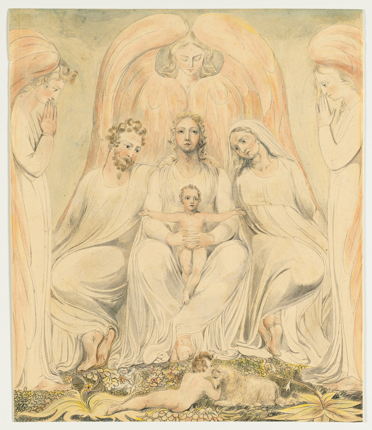 The Holy Family (Christ in the Lap of Truth) by William Blake — The Virgin holds the Christ child with arms outspread before an angel