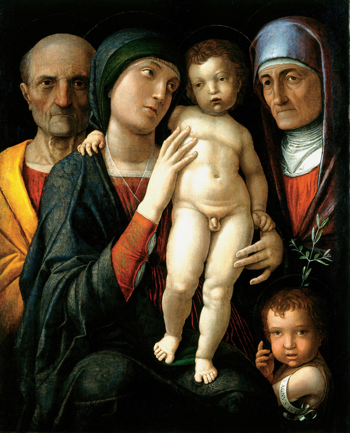 The Holy Family by Andrea Mantegna — Five figures pressed close around a standing Child against black