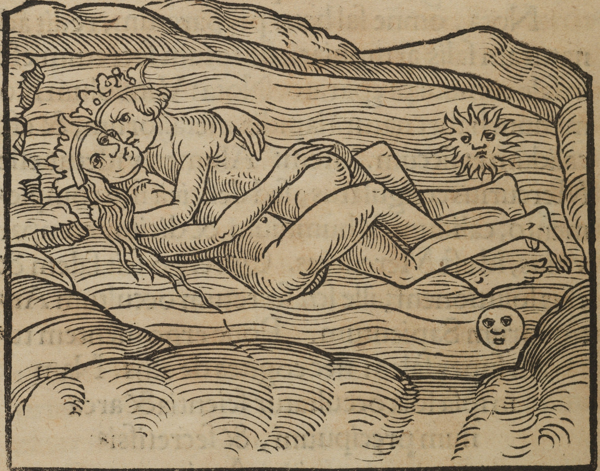 The Holy Wedding (Conjunction) by Rosarium Philosophorum — A crowned couple embrace in the waves beneath a sun and moon
