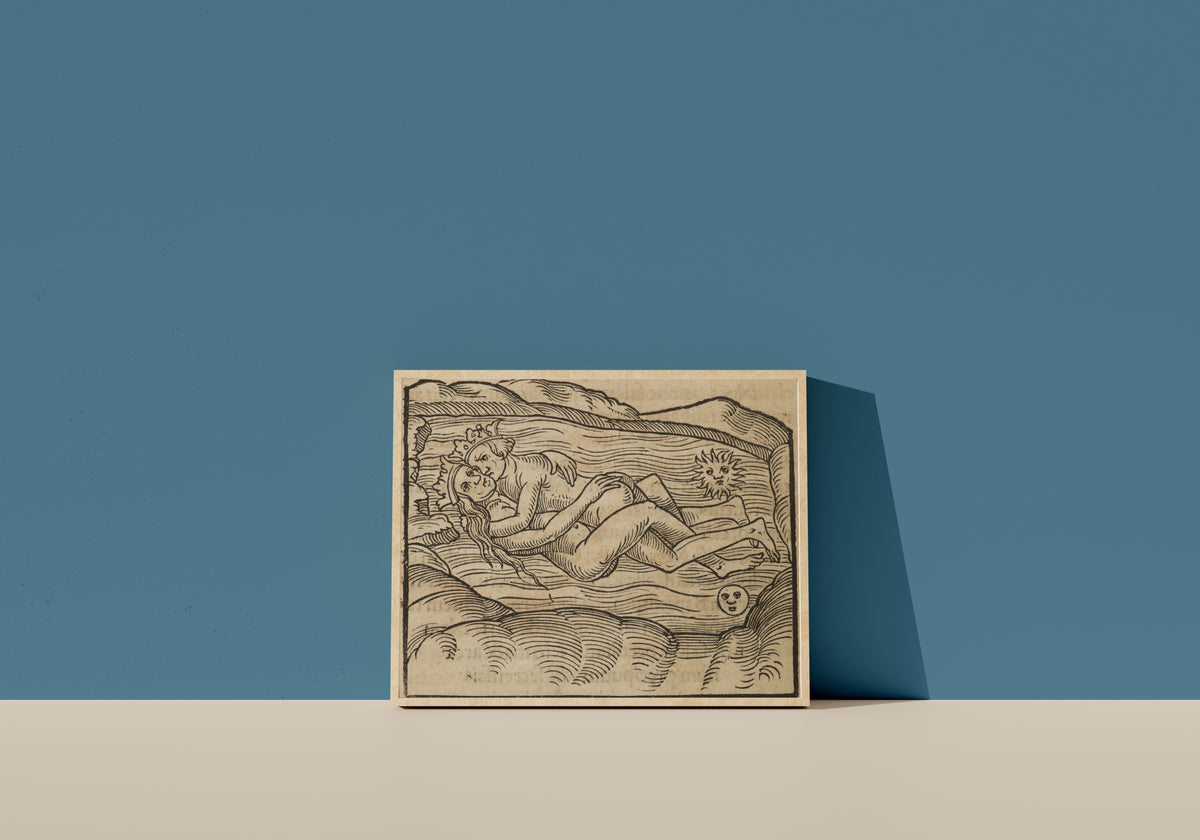 Framed art print of The Holy Wedding (Conjunction) by Rosarium Philosophorum, in a light wood frame leaning on a blue wall