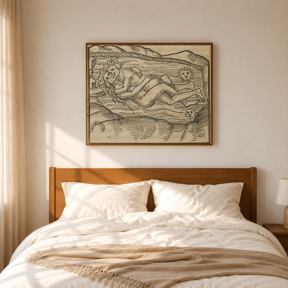 Framed art print of The Holy Wedding (Conjunction) by Rosarium Philosophorum, in a slim wood frame above a bed in a sunlit bedroom