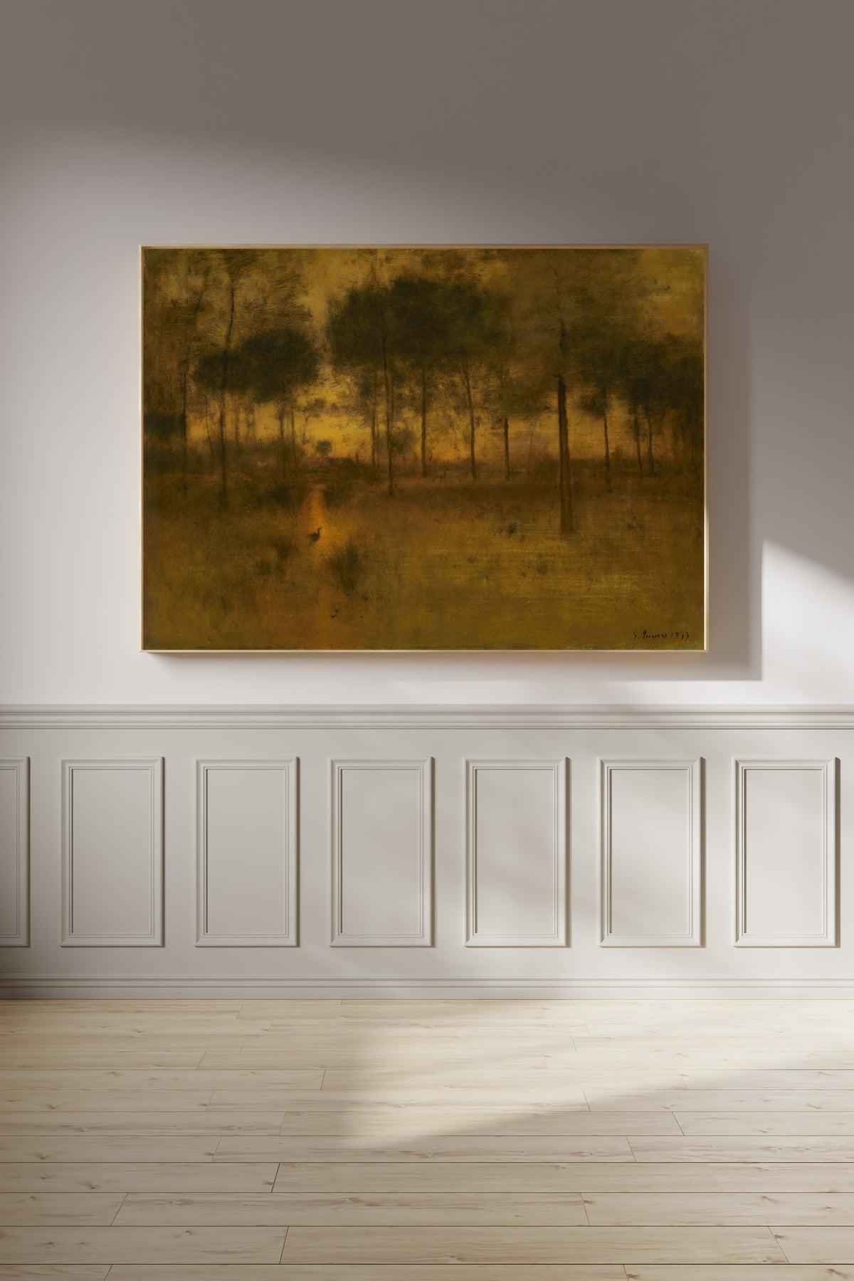The Home of the Heron by George Inness — framed on a panelled wall in afternoon light