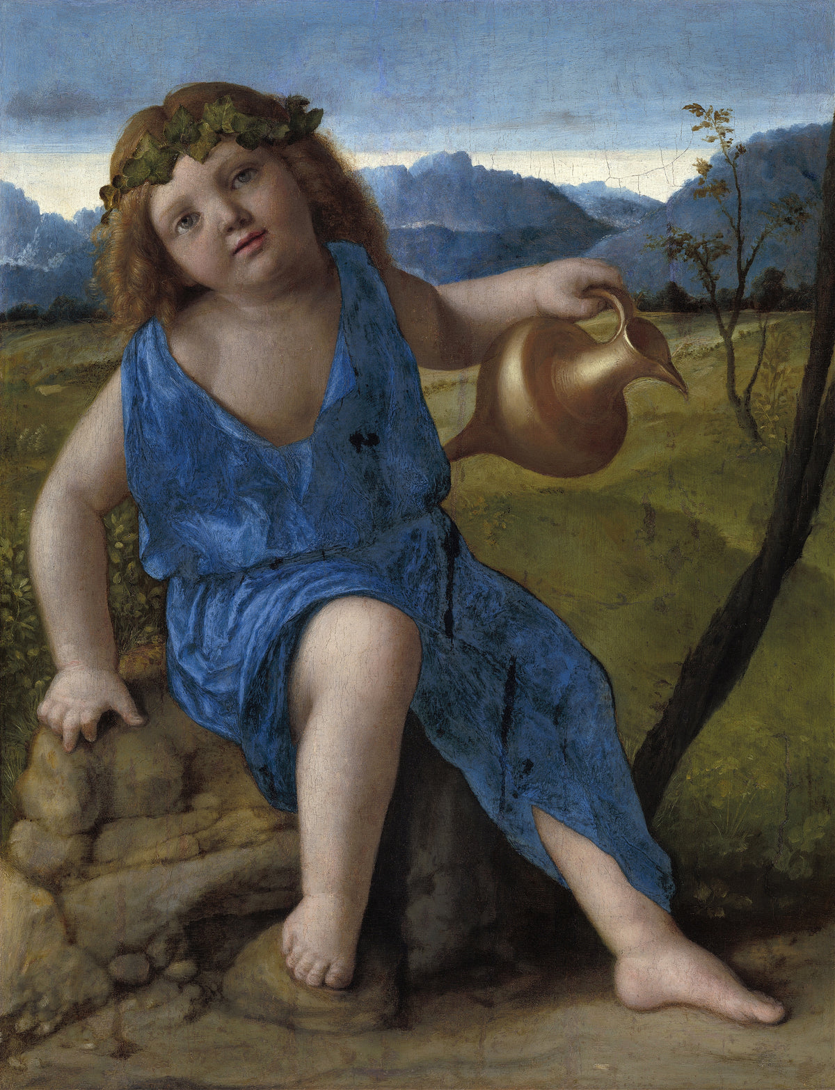 The Infant Bacchus by Giovanni Bellini — A curly-haired child in an ivy wreath tips a golden pitcher