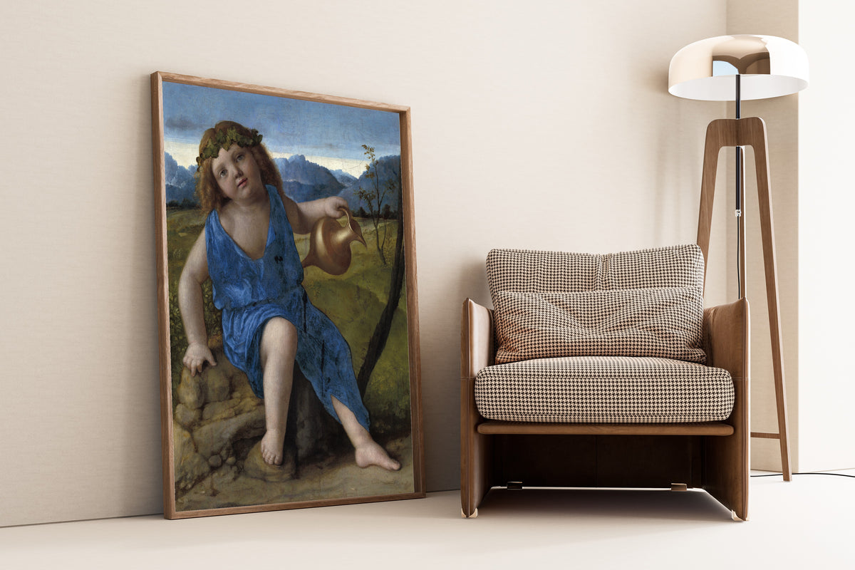 Framed art print of The Infant Bacchus by Giovanni Bellini, leaning against a wall beside an armchair and a floor lamp