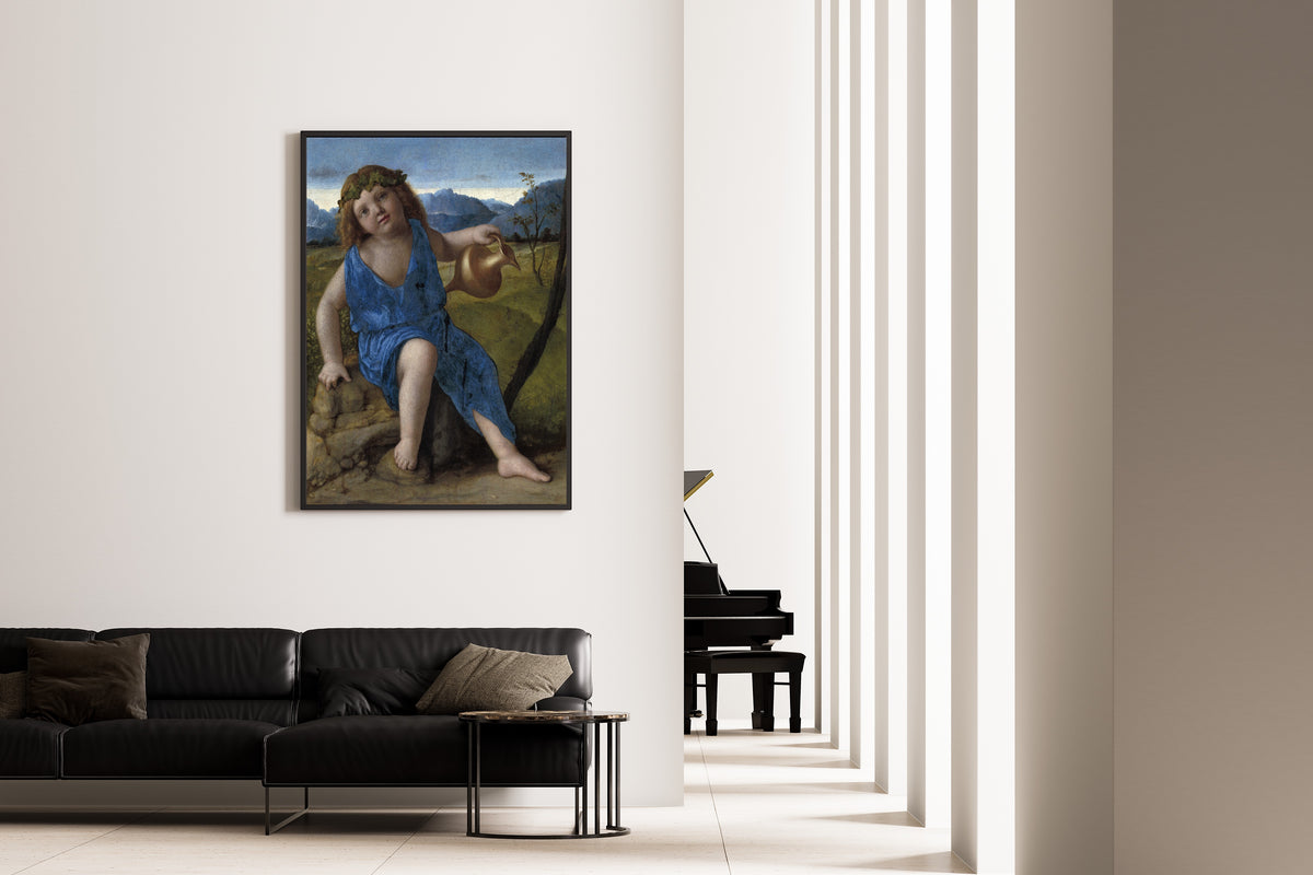 Framed art print of The Infant Bacchus by Giovanni Bellini, on the wall of a minimal living room