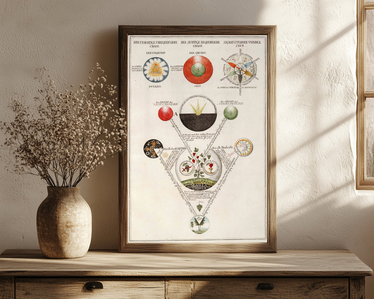 Framed art print of The Invisible and the Visible Chaos: the Three… by Unknown artist, in a dark wood frame leaning on a rustic console beside dried flowers