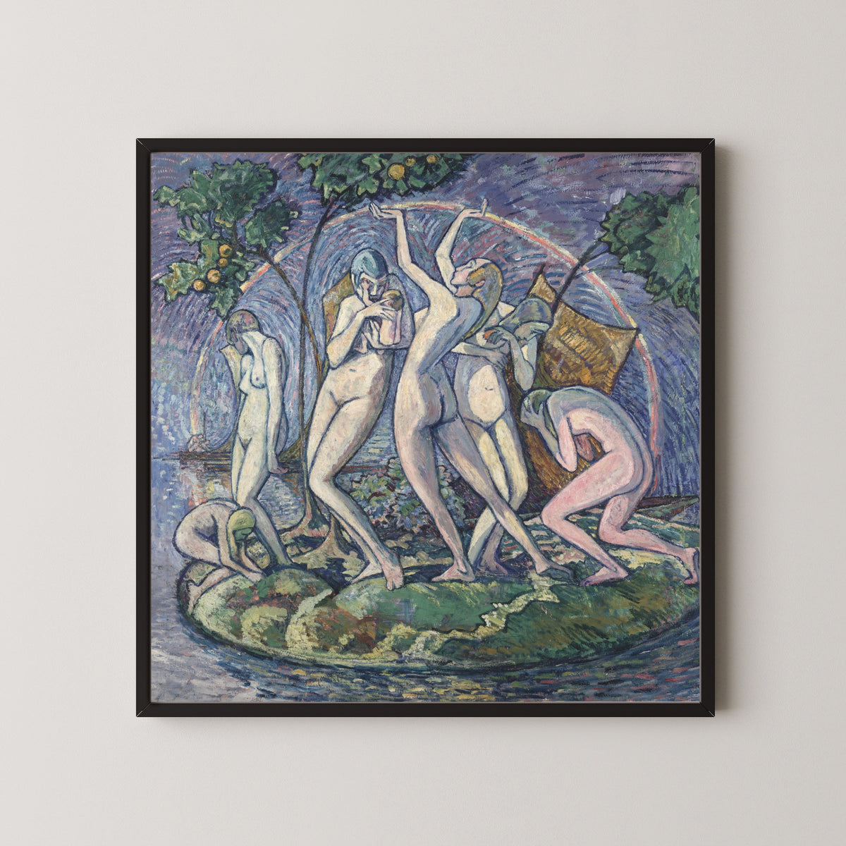 Framed art print of The Island of Peace by Heinrich Vogeler, in a black frame on a pale wall