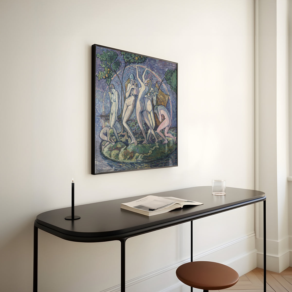 Framed art print of The Island of Peace by Heinrich Vogeler, above a slim black console table