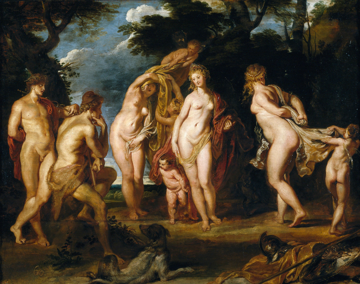 The Judgement of Paris by Peter Paul Rubens — Three women let fall their draperies before two young men in a grove