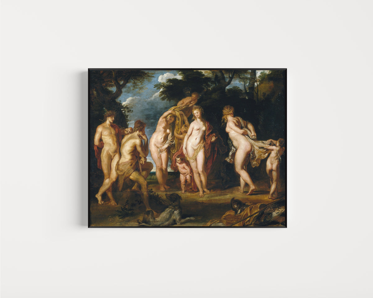 Framed art print of The Judgement of Paris by Peter Paul Rubens, in a slim black frame on a plain white wall