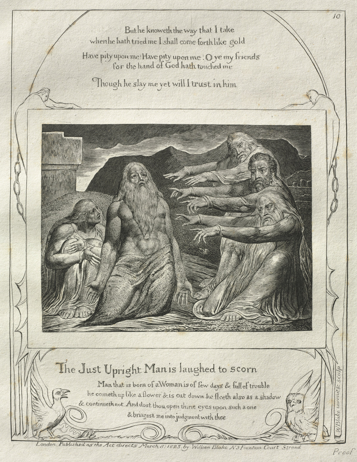 The Just Upright Man Is Laughed to Scorn (Book of Job, Plate 10) by William Blake — Job's three friends point accusing fingers at the patient man