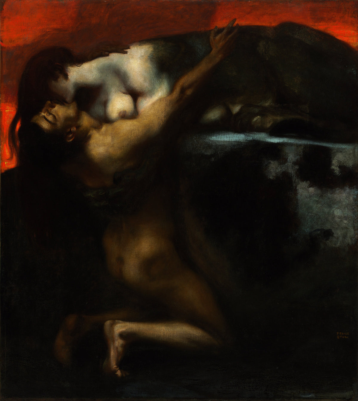 The Kiss of the Sphinx by Franz von Stuck — A sphinx bends from her rock to kiss a kneeling man against a red sky