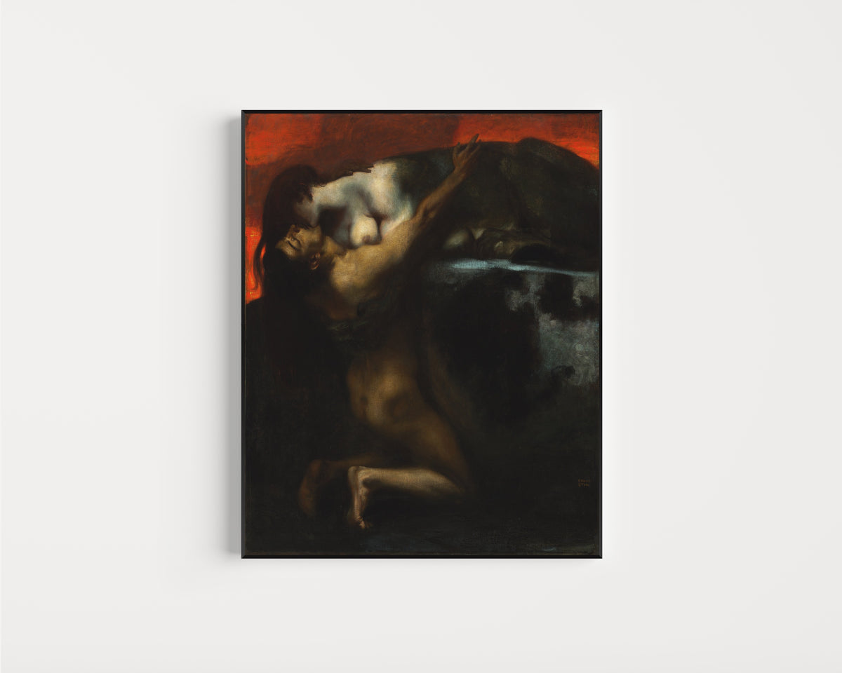 Framed art print of The Kiss of the Sphinx by Franz von Stuck, in a slim black frame on a plain white wall