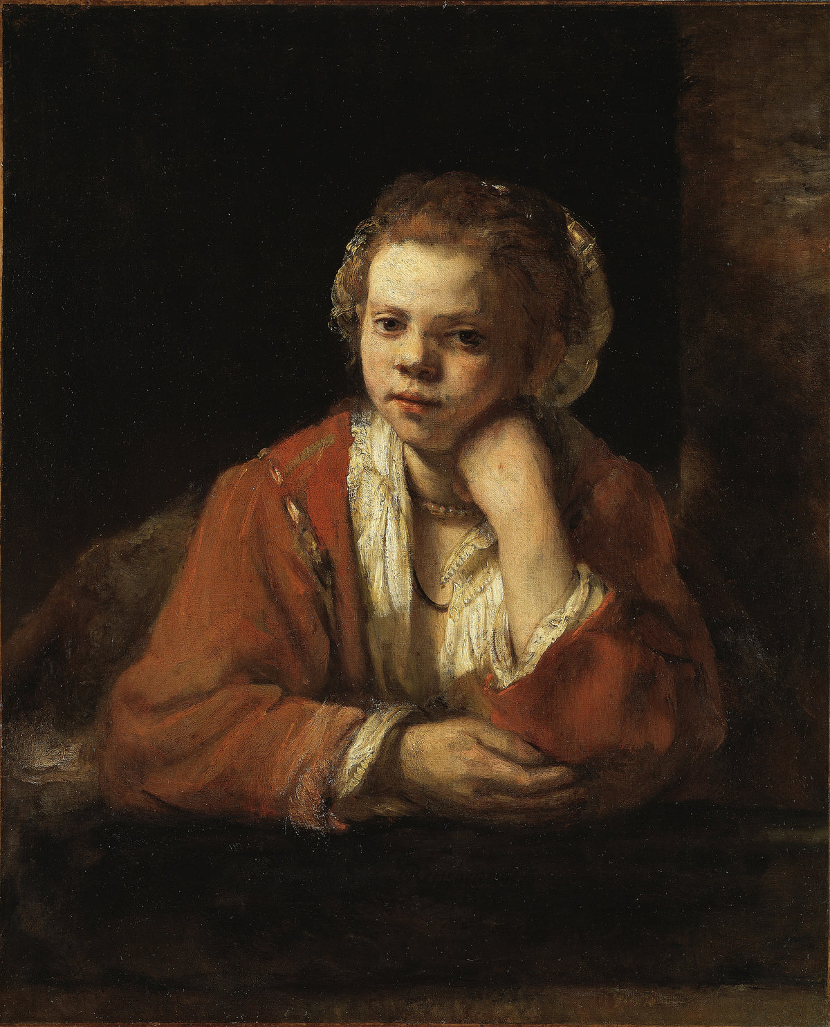 The Kitchen Maid by Rembrandt van Rijn — A girl in a red jacket leans on a window sill, chin in hand