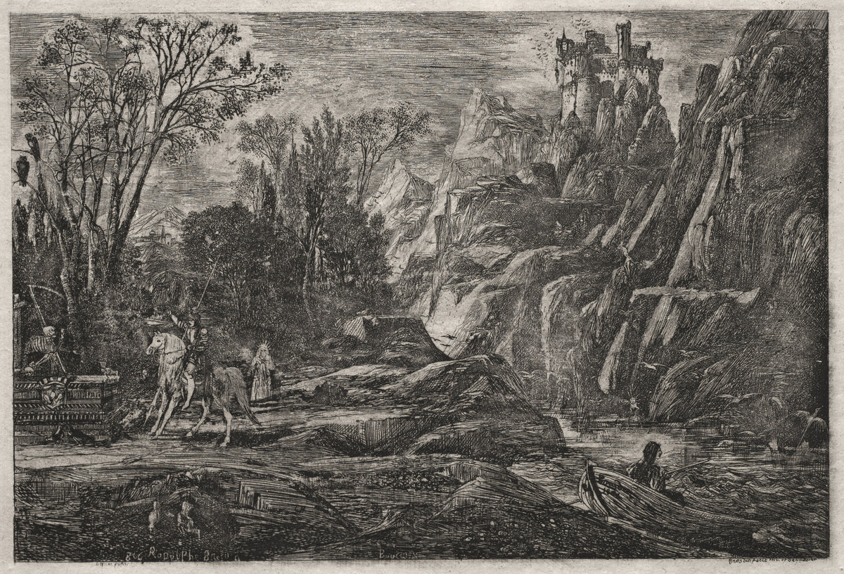 The Knight and Death by Rodolphe Bresdin — A knight reins in his horse before Death waiting on a tomb