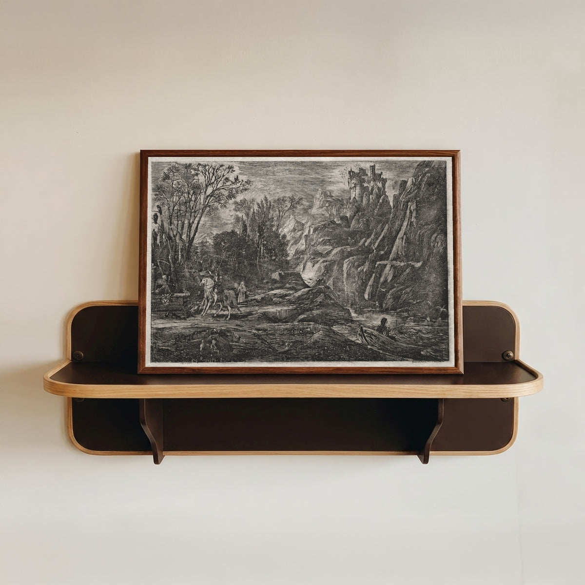 Framed art print of The Knight and Death by Rodolphe Bresdin, in a dark wood frame resting on a wall shelf