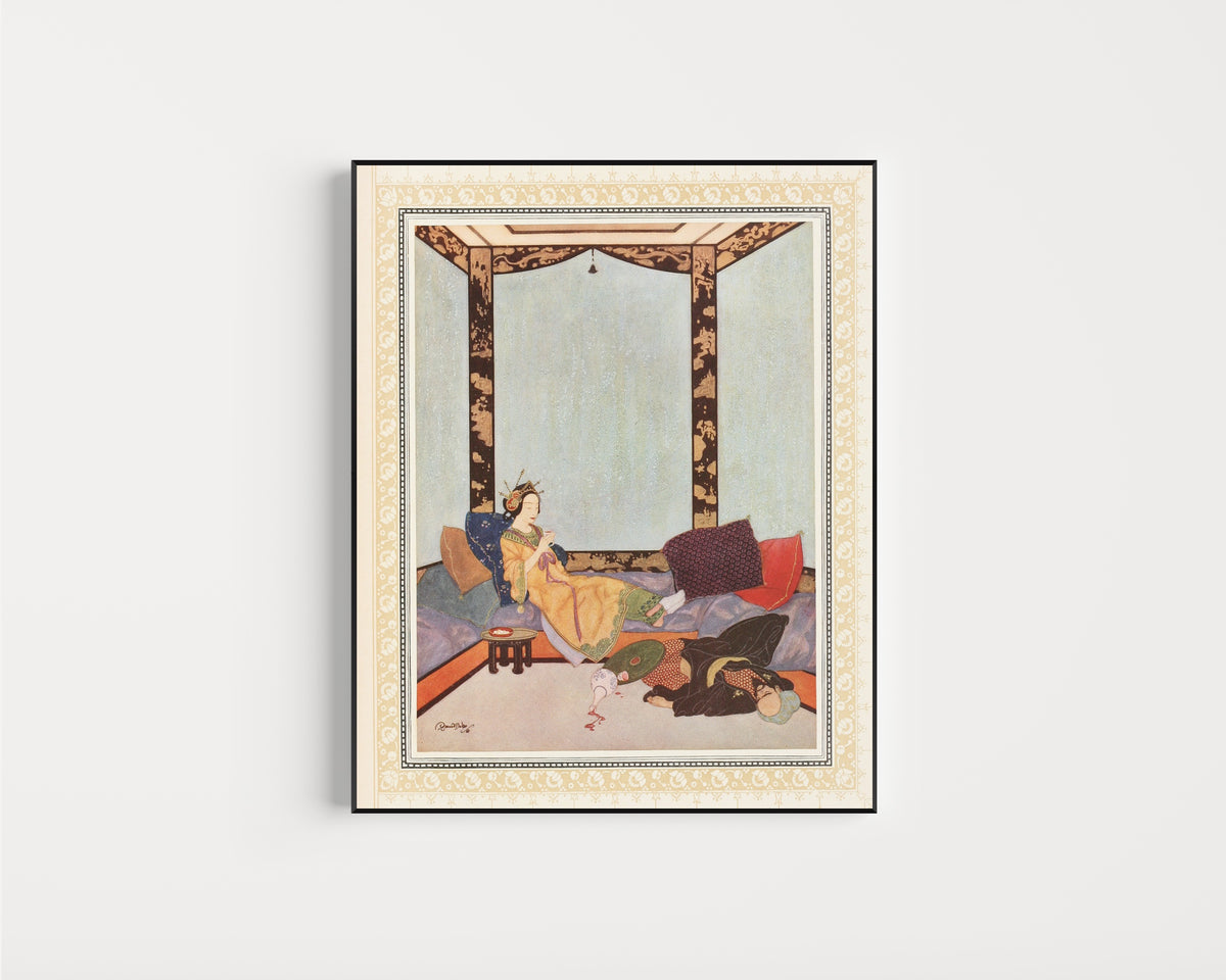 Framed art print of The Lady Bedr-el-Budur and the wicked Magician by Edmund Dulac, in a slim black frame on a plain white wall