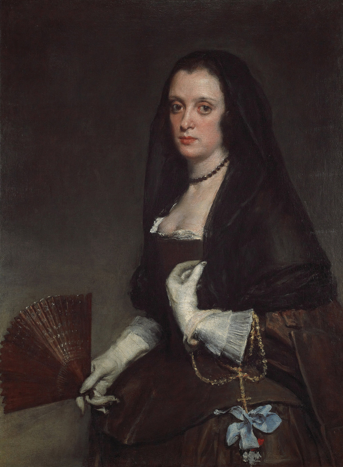 The Lady with a Fan by Diego Velázquez — A veiled woman in brown with a red fan and white gloves