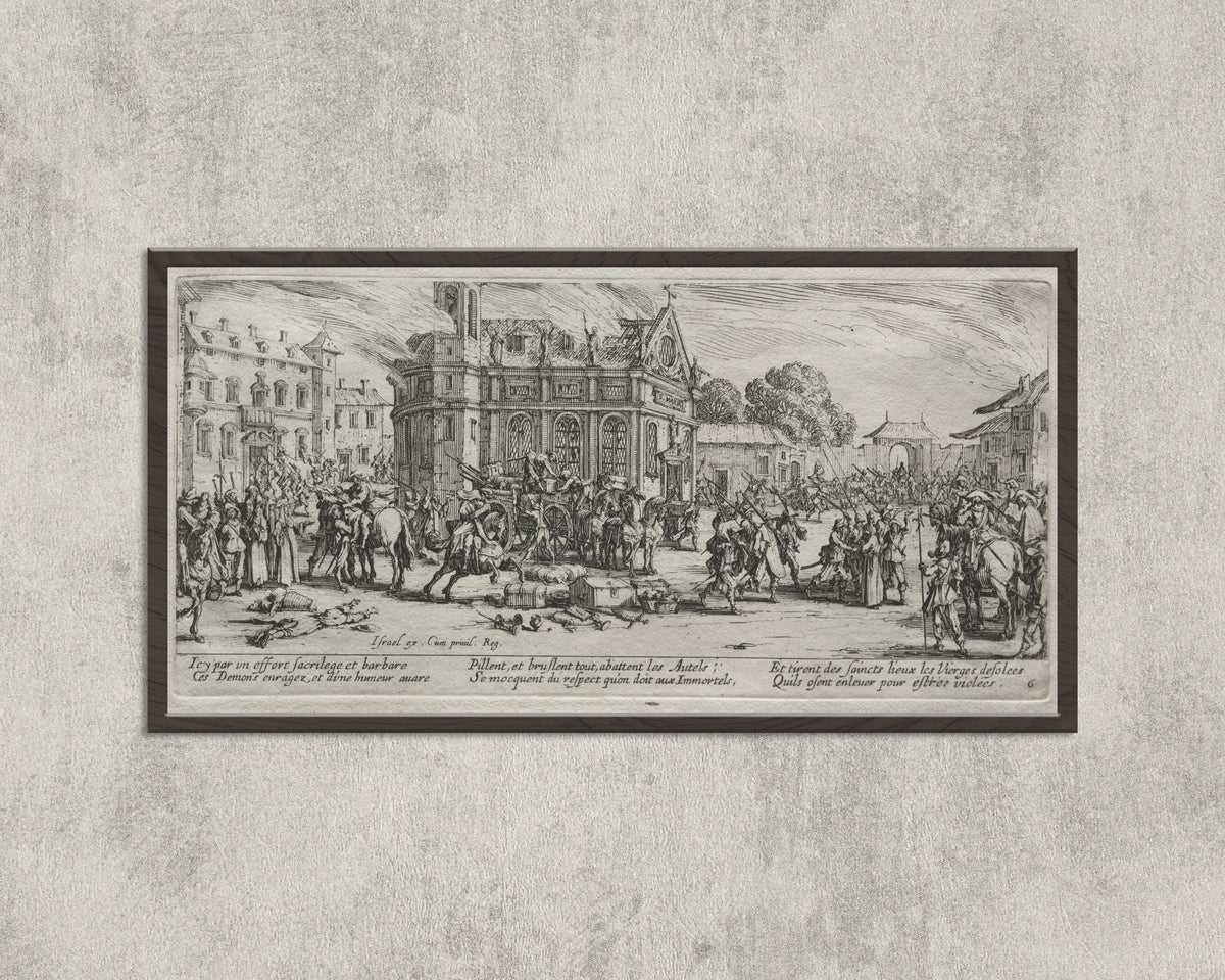 Framed art print of The Large Miseries of War: Devastation of a Monastery by Jacques Callot, in a wide black frame on a concrete wall