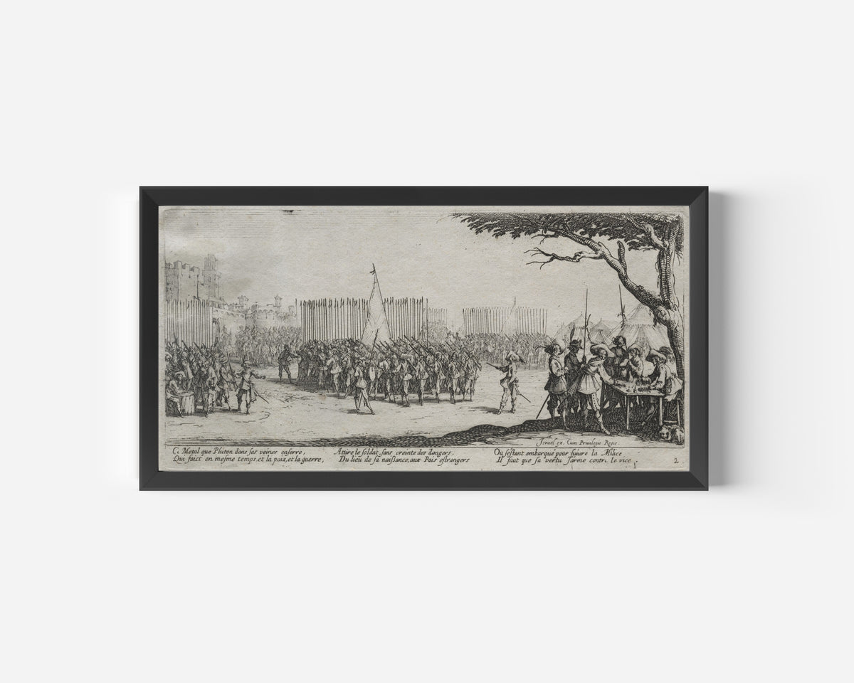 Framed art print of The Large Miseries of War: Enrollment of the Troops by Jacques Callot, in a wide black frame on a plain white wall