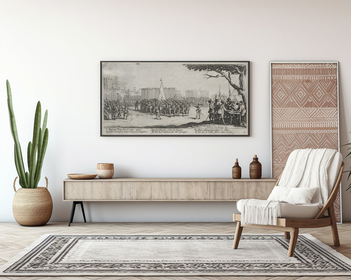 Framed art print of The Large Miseries of War: Enrollment of the Troops by Jacques Callot, above a sideboard in a living room