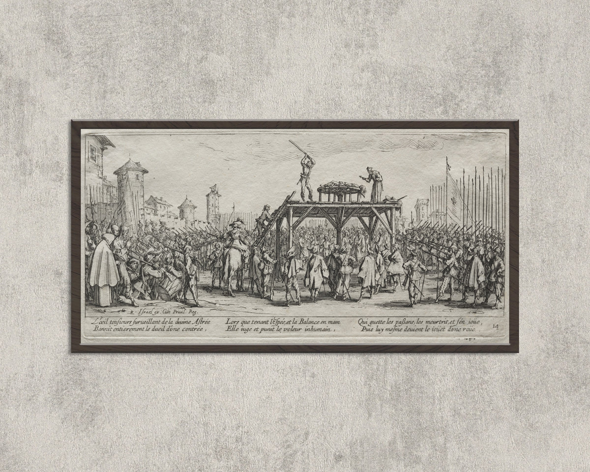 Framed art print of The Large Miseries of War: Execution on the Wheel by Jacques Callot, in a wide black frame on a concrete wall