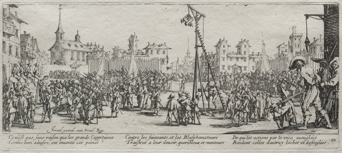 The Large Miseries of War: The Strappado by Jacques Callot — Ranks of soldiers watch a man hoisted high on a punishment scaffold
