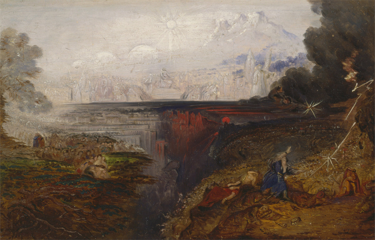 The Last Judgement (study) by John Martin — A chasm splits a shining heavenly host from a stricken crowd