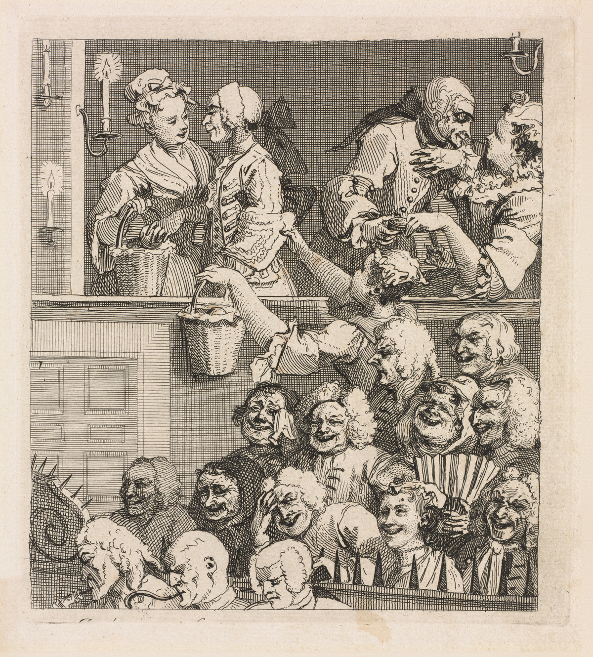The Laughing Audience by William Hogarth — A theatre crowd roars with laughter while the orchestra plays on