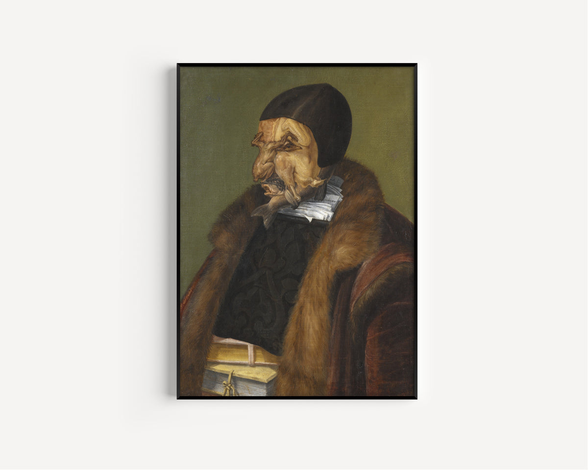 Framed art print of The Lawyer by Giuseppe Arcimboldo, in a slim black frame on a plain white wall