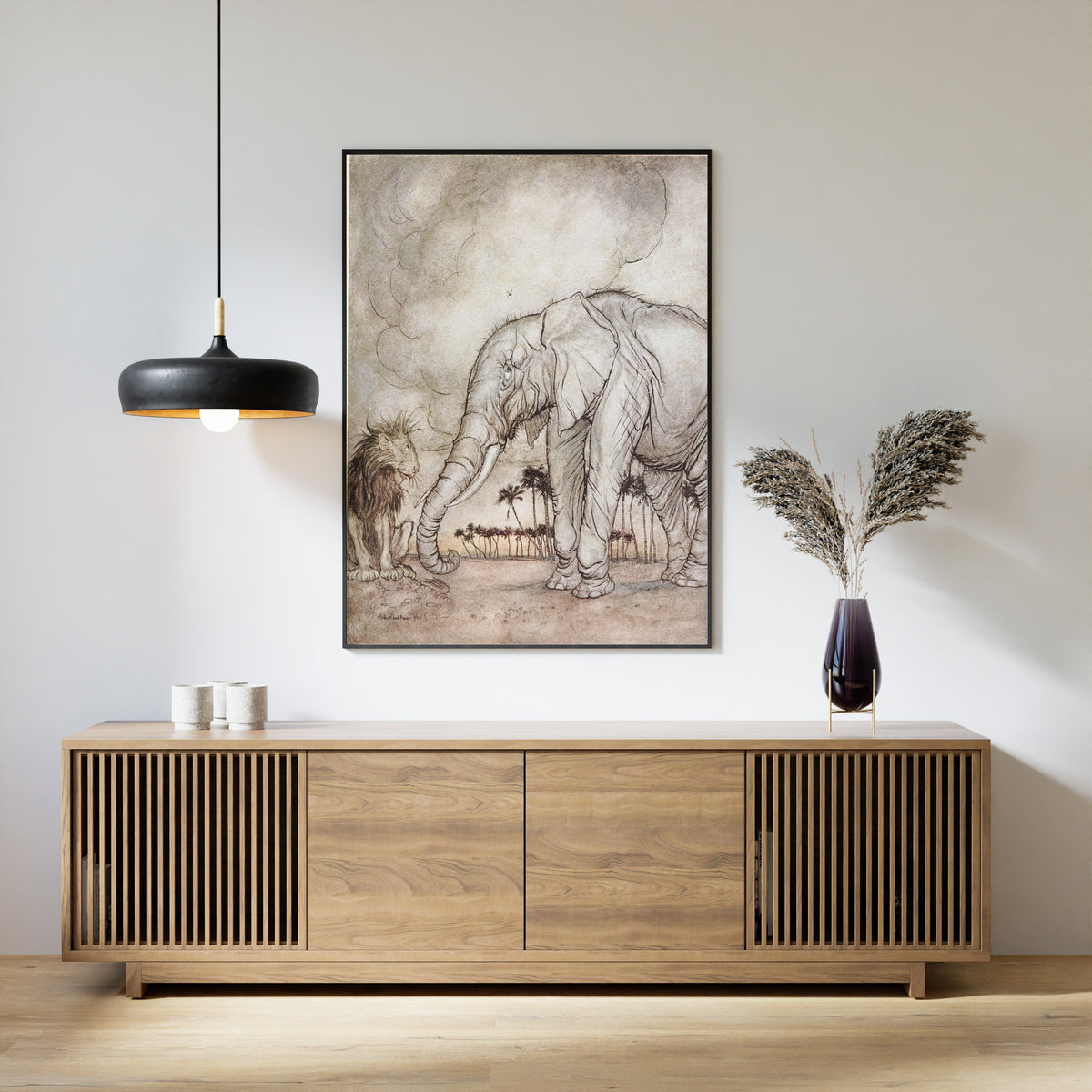 Arthur Rackham — The Lion, Jupiter, and the Elephant | Fable Illustration Print