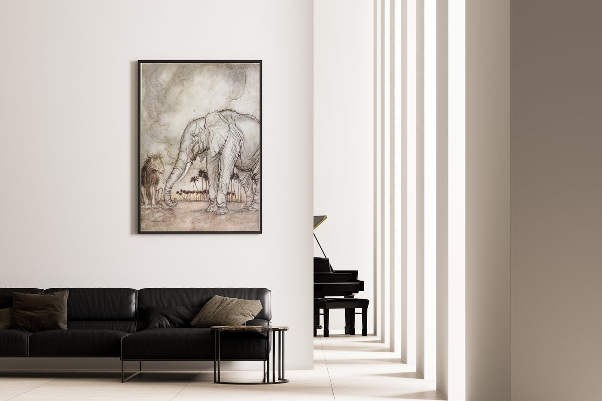 Arthur Rackham — The Lion, Jupiter, and the Elephant | Fable Illustration Print