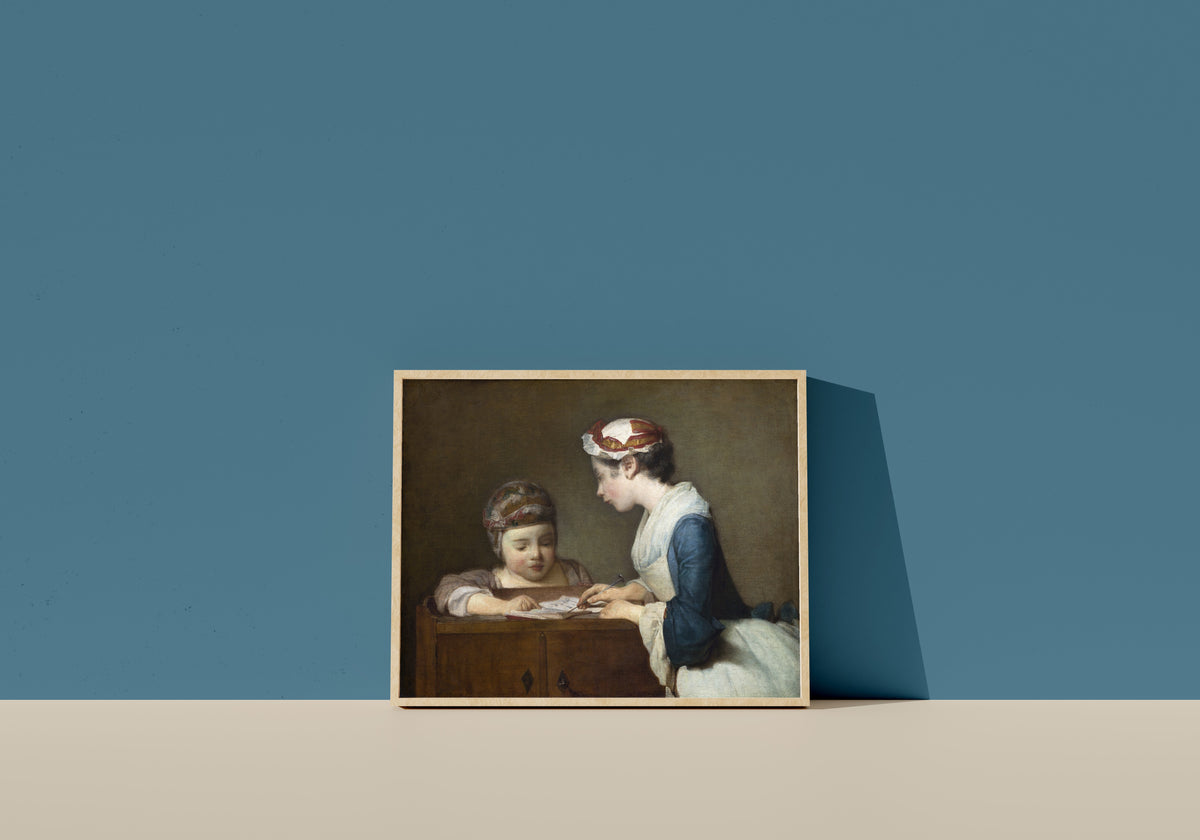 Framed art print of The Little Schoolmistress by Jean-Siméon Chardin, in a light wood frame leaning on a blue wall