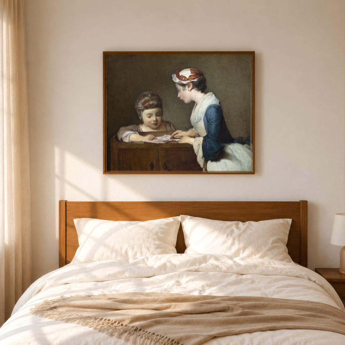 Framed art print of The Little Schoolmistress by Jean-Siméon Chardin, in a slim wood frame above a bed in a sunlit bedroom