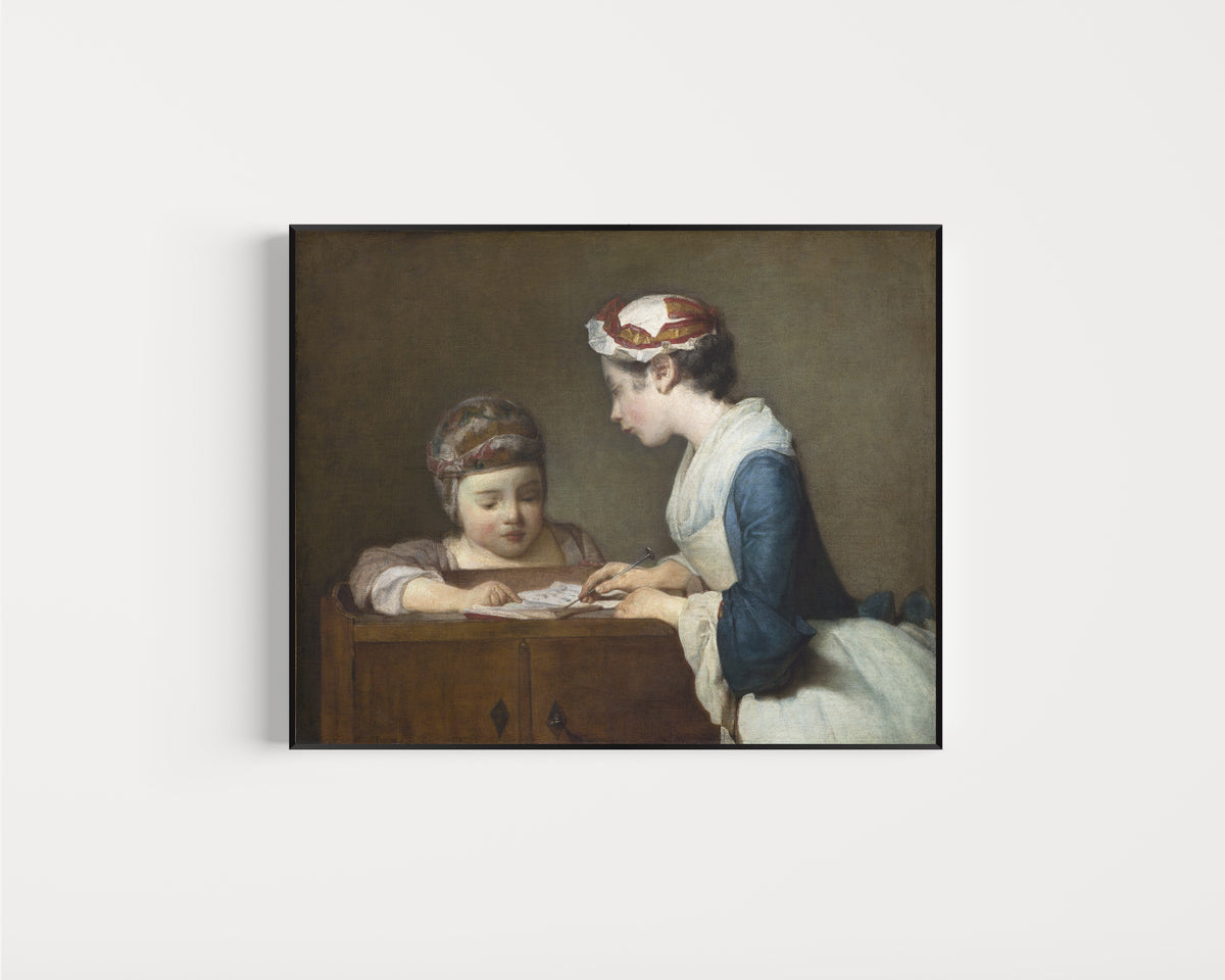 Framed art print of The Little Schoolmistress by Jean-Siméon Chardin, in a slim black frame on a plain white wall