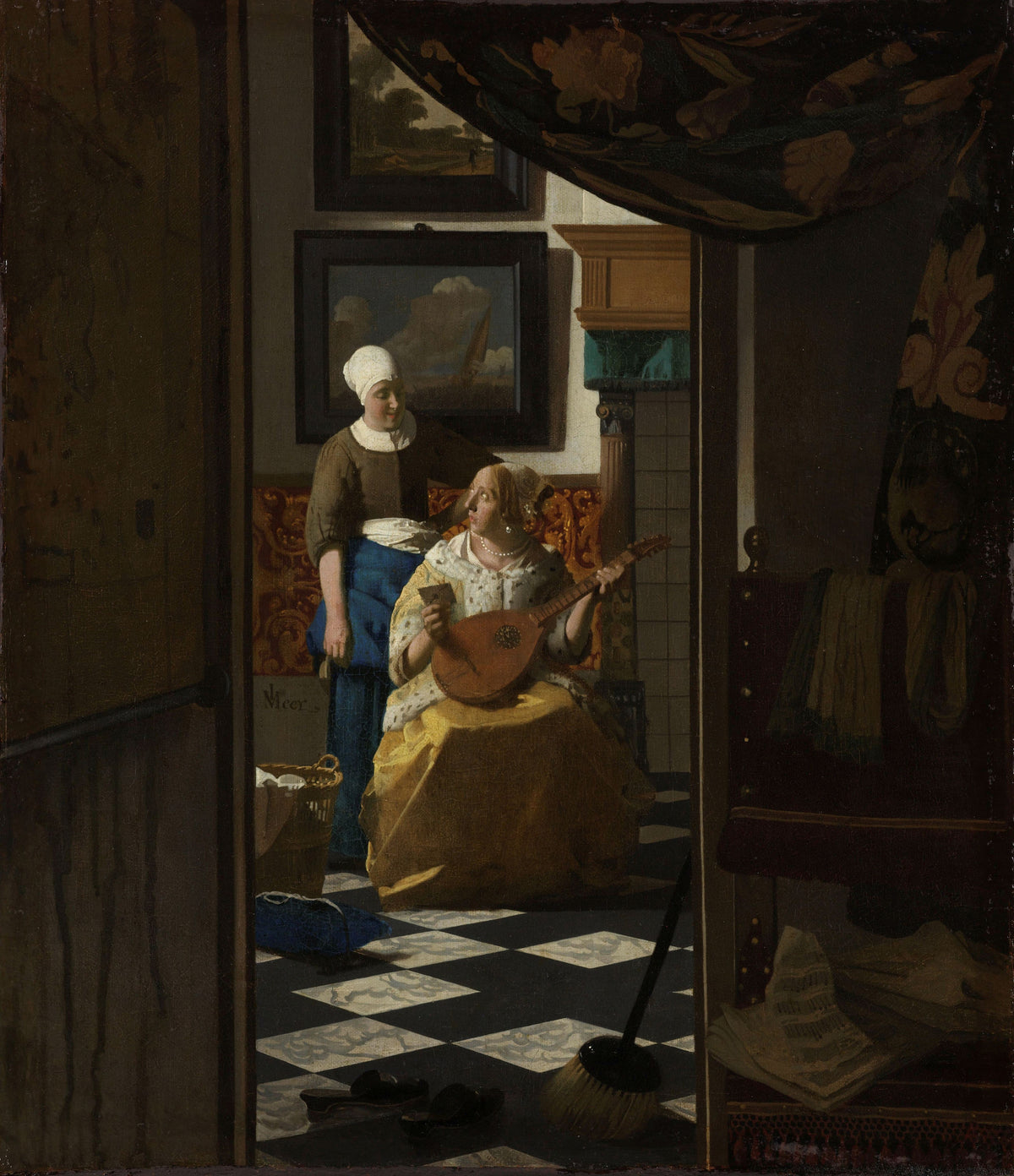 The Love Letter by Johannes Vermeer — A letter, a maid and a musician seen through a dark doorway