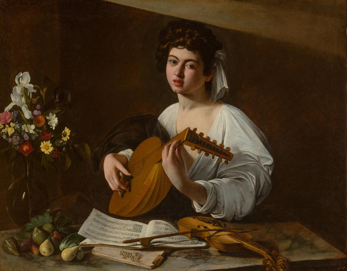 The Lute Player by Caravaggio — A young musician turns from his lute beside flowers and fruit