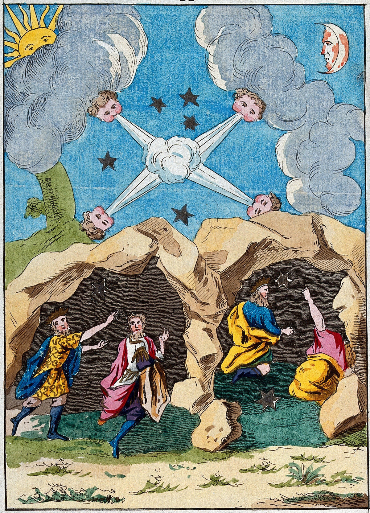 The Magi Sheltering in a Cave by After Nicolas Flamel — Four crowned and robed men in caves beneath a sun and moon sky