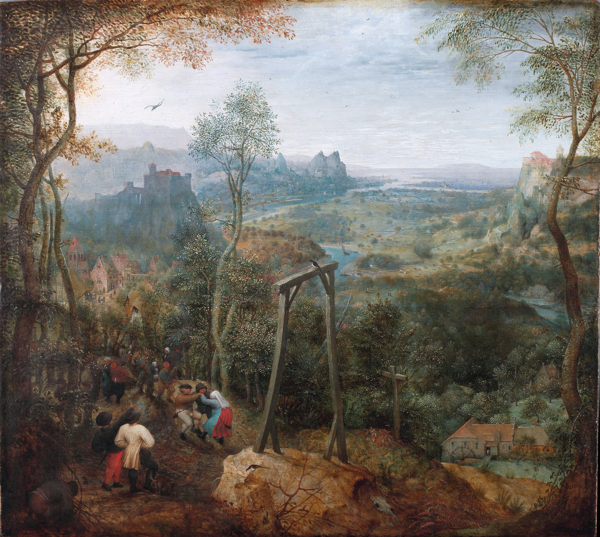 The Magpie on the Gallows by Pieter Bruegel the Elder — A gallows stands over a river valley as peasants dance below
