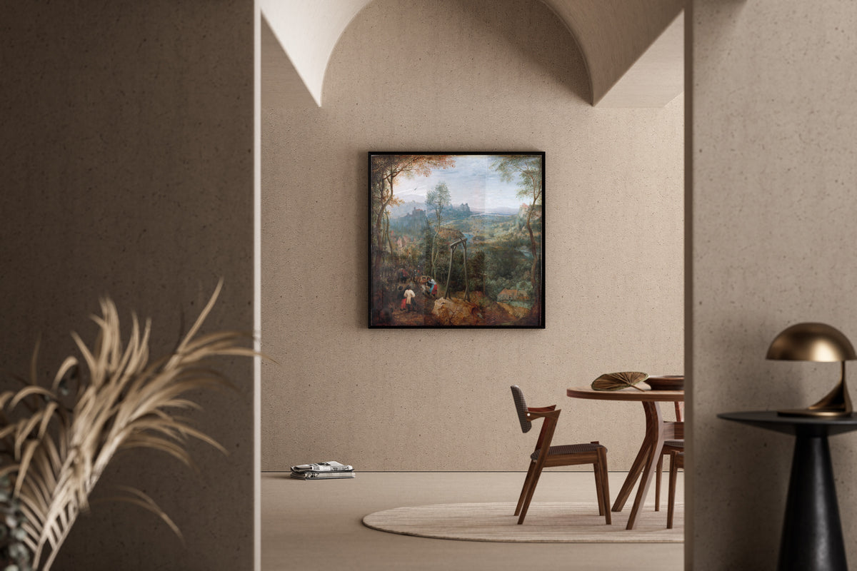 Framed art print of The Magpie on the Gallows by Pieter Bruegel the Elder, in a sunlit dining corner