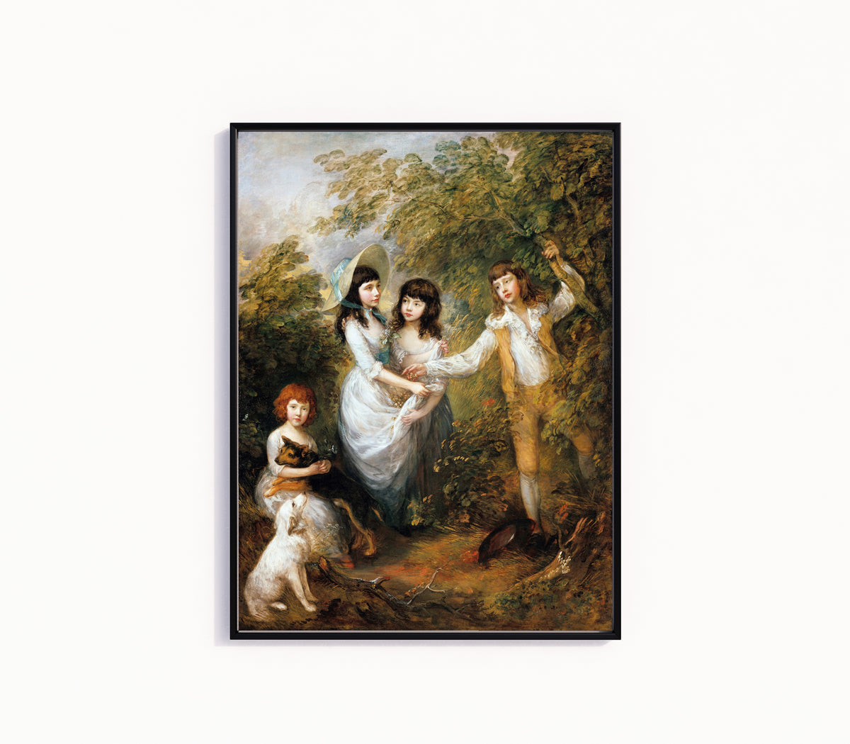 Framed art print of The Marsham Children by Thomas Gainsborough, in a slim black frame on a plain white wall