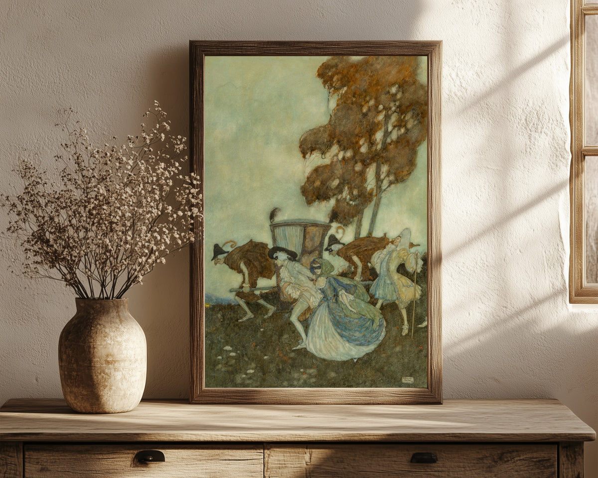Framed art print of The Masqueraders by Edmund Dulac, in a dark wood frame leaning on a rustic console beside dried flowers