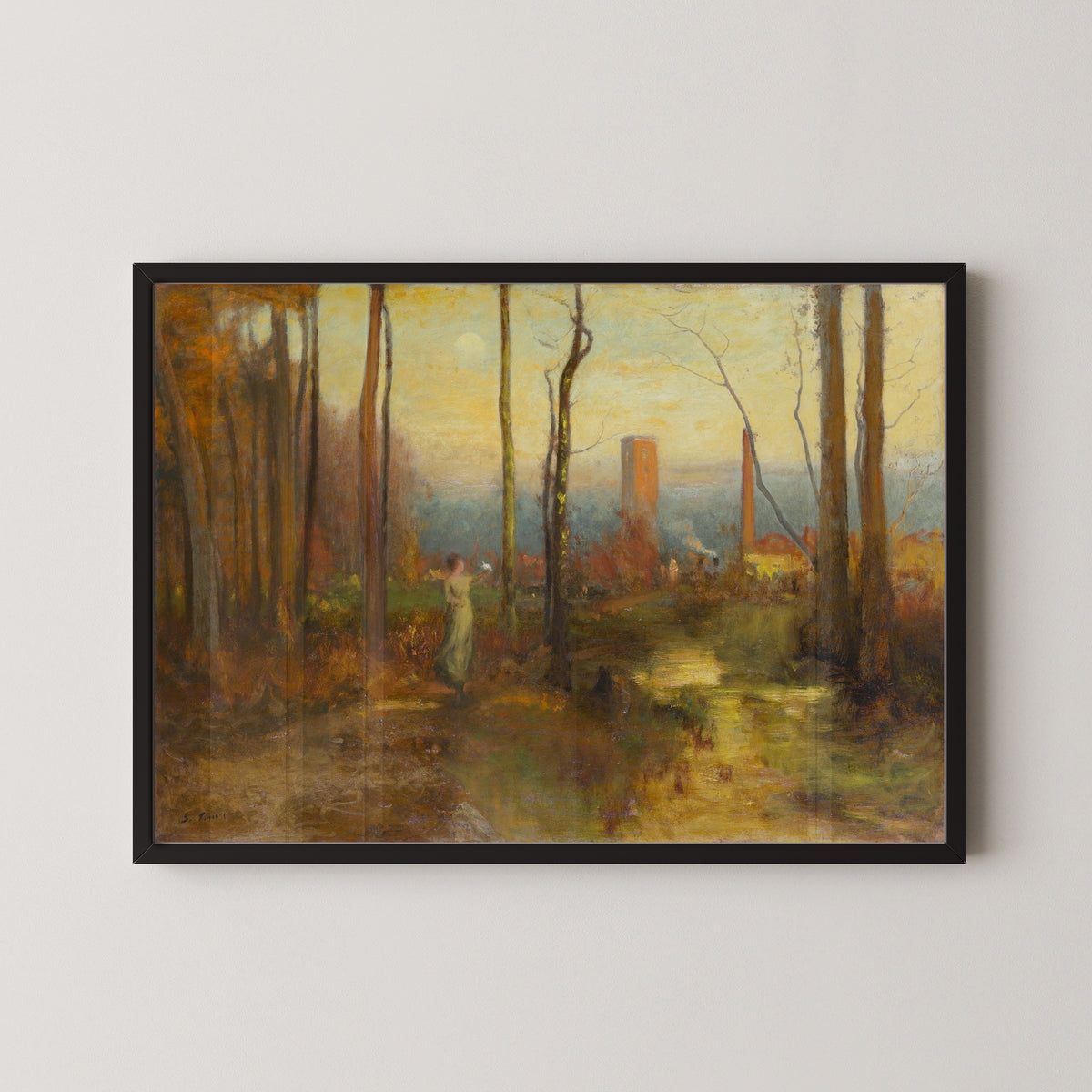 The Mill Stream, Montclair, New Jersey by George Inness — in a black frame on a pale wall