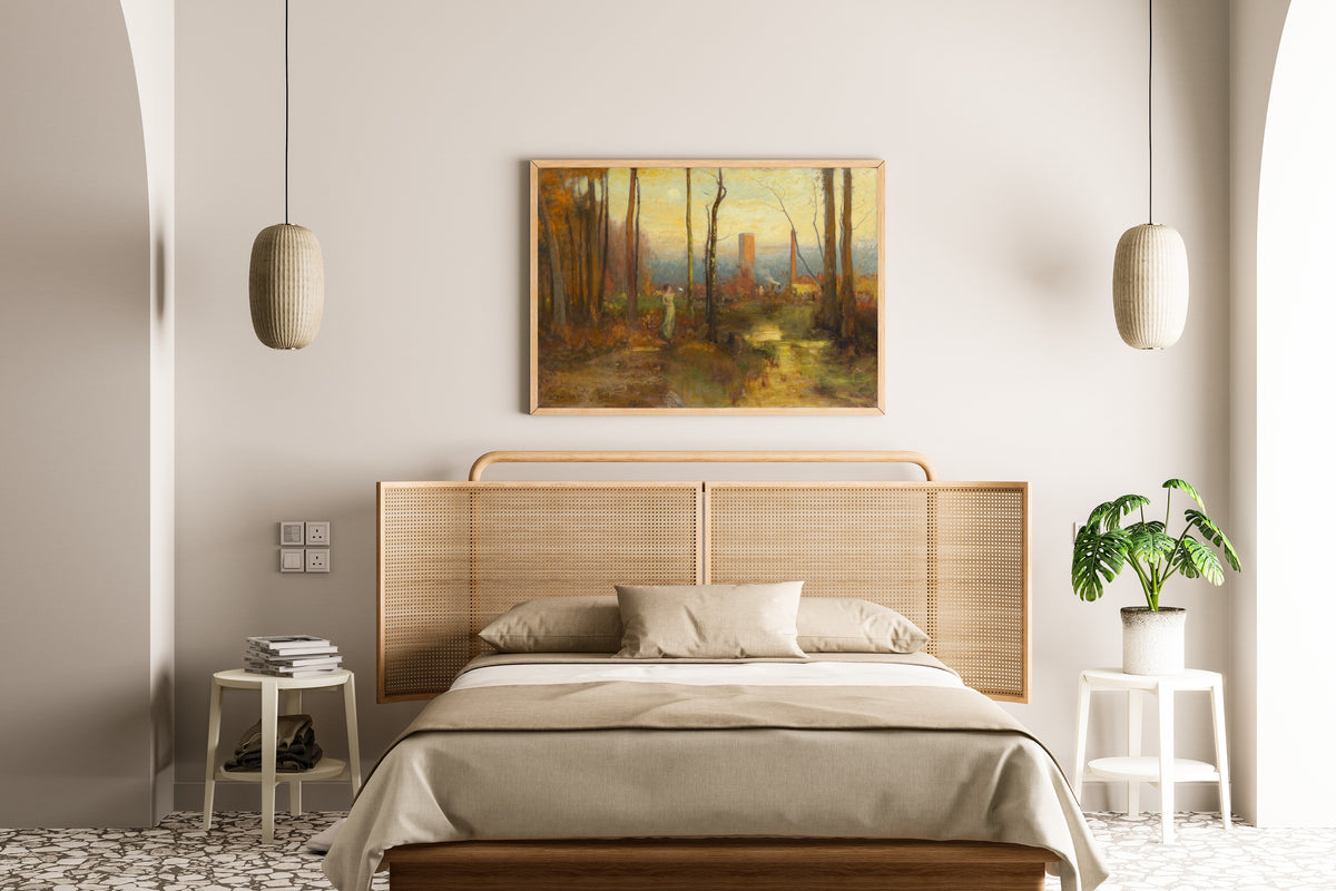 The Mill Stream, Montclair, New Jersey by George Inness — framed above a cane-headboard bed