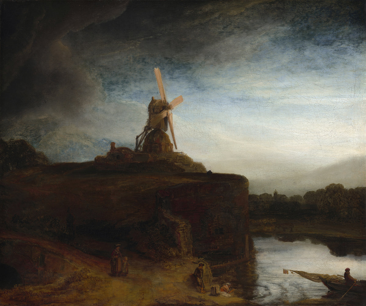 The Mill by Rembrandt van Rijn — A windmill on a dark bastion against a stormy, brightening sky