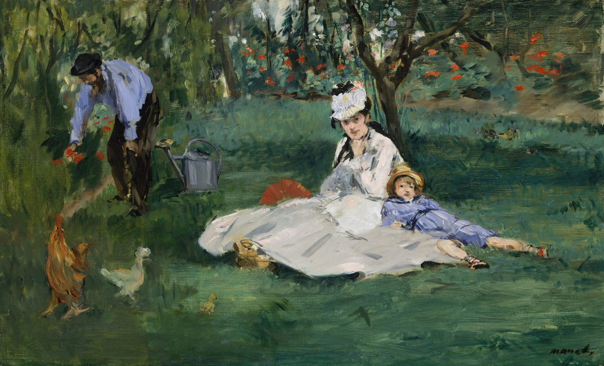 The Monet Family in Their Garden at Argenteuil by Édouard Manet — A woman in white and a boy in blue rest on the grass in a garden