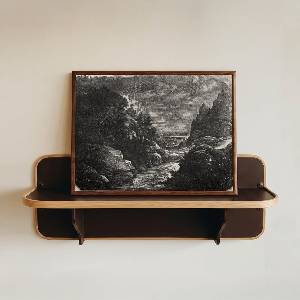 Framed art print of The Mountain Stream by Rodolphe Bresdin, in a dark wood frame resting on a wall shelf