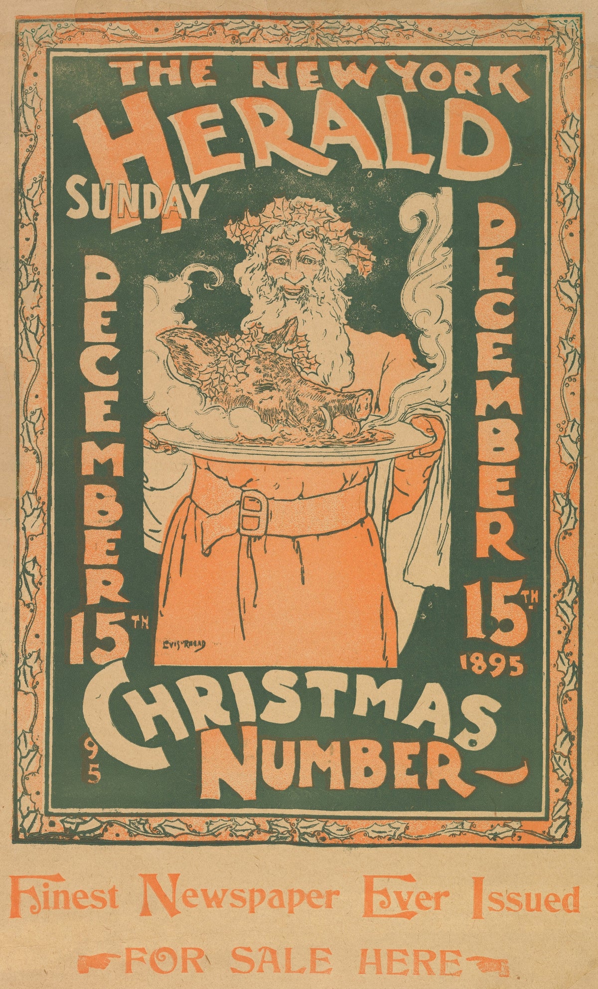The New York Herald, Sunday, December 15 by Louis Rhead — A bearded holly-crowned man carries a steaming boar's head