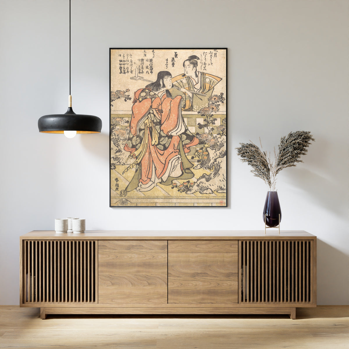 Framed art print of The Ninth-Month Kabuki Dance "Kikujido" by Katsushika Hokusai, above a slatted wood sideboard